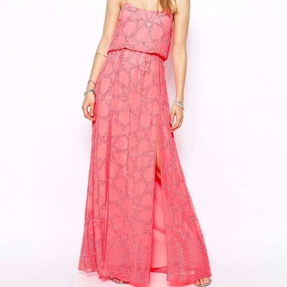 BHLDN Needle & Thread Maxi Dress Hot Pink Stars Punk Formal Prom Gown Size 2